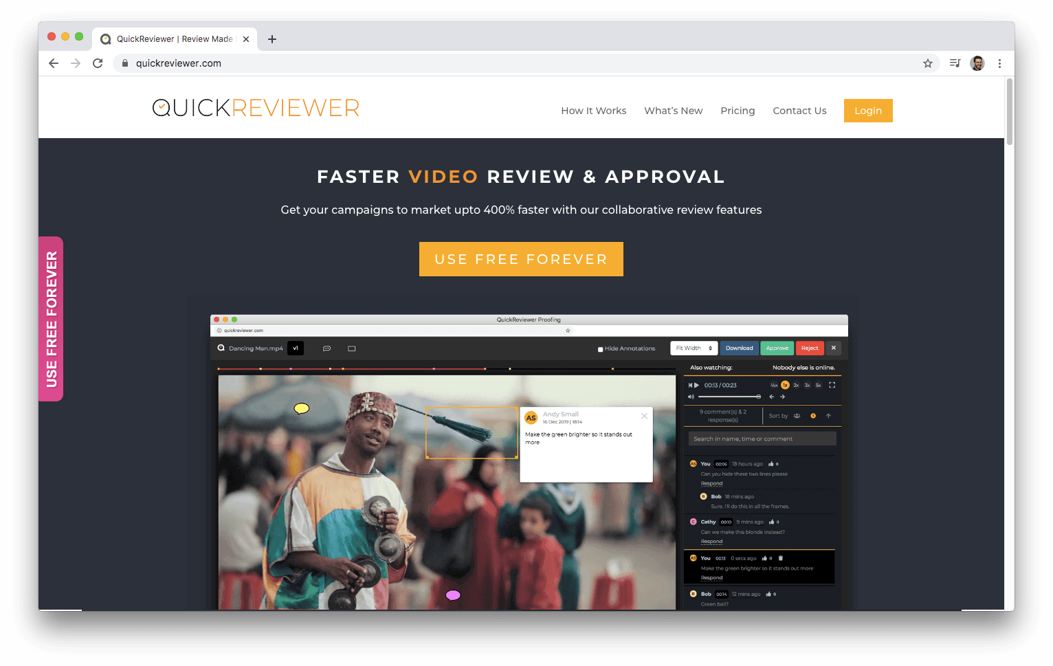 QuickReviewer home page showcasing a cloud-based collaborative proofing and review tool with features for reviewing videos, images, PDFs, and web pages