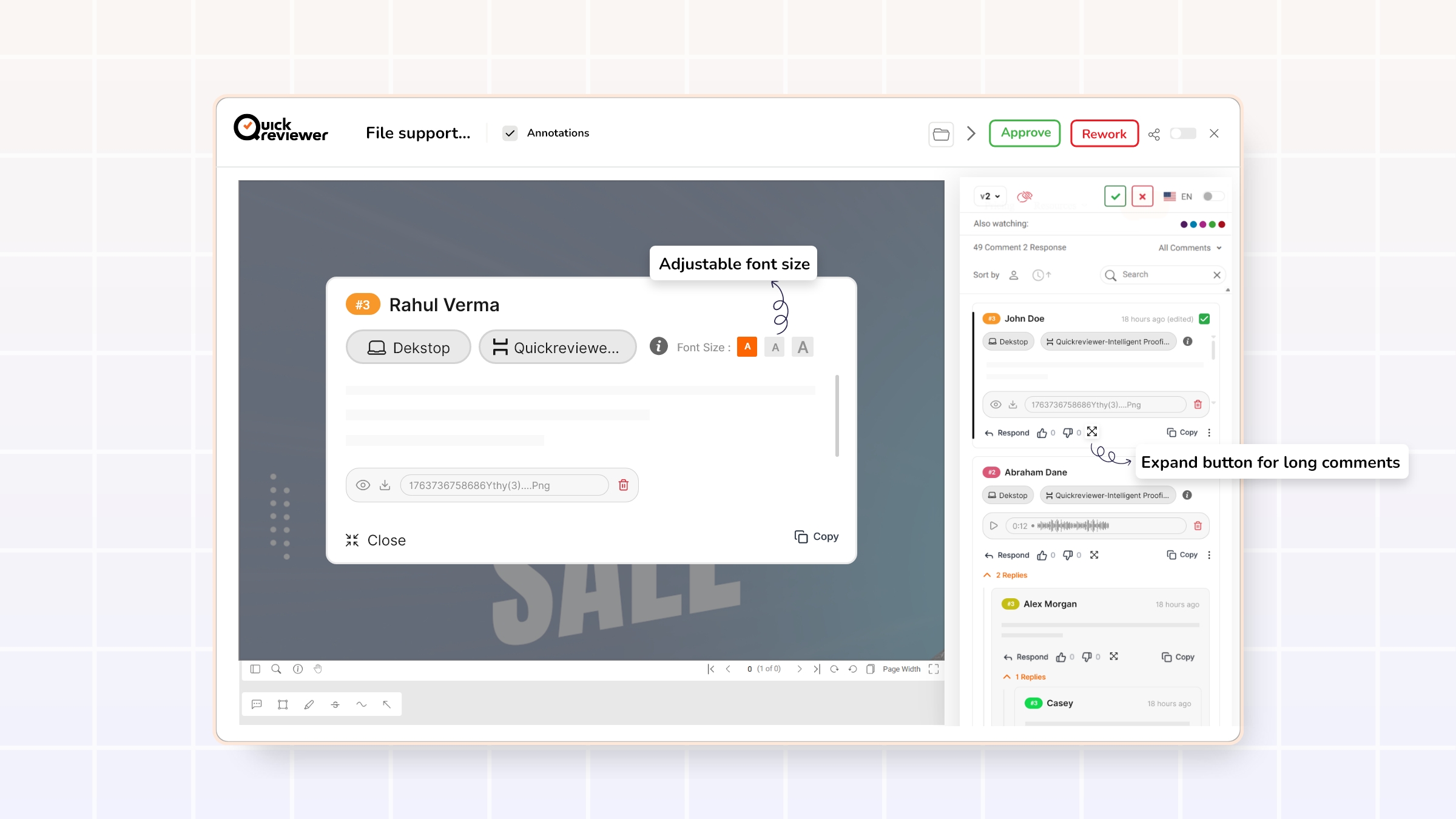 Expand button for long comments – adjustable font size